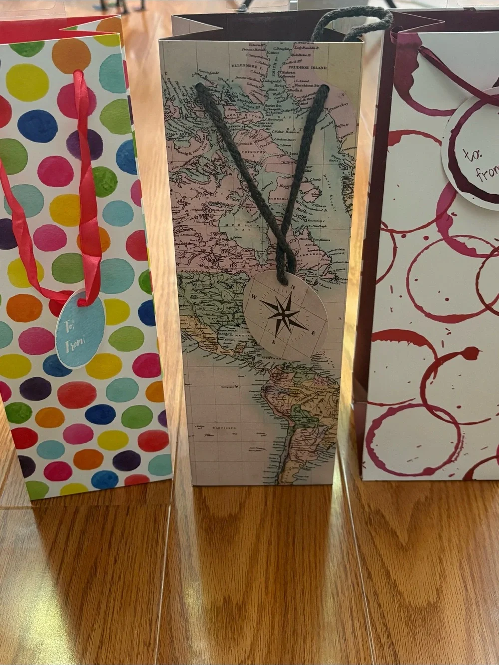 Set of 3 Cakewalk Decorative Wine Gift Bags - Polka Dot, Map, Circle Designs